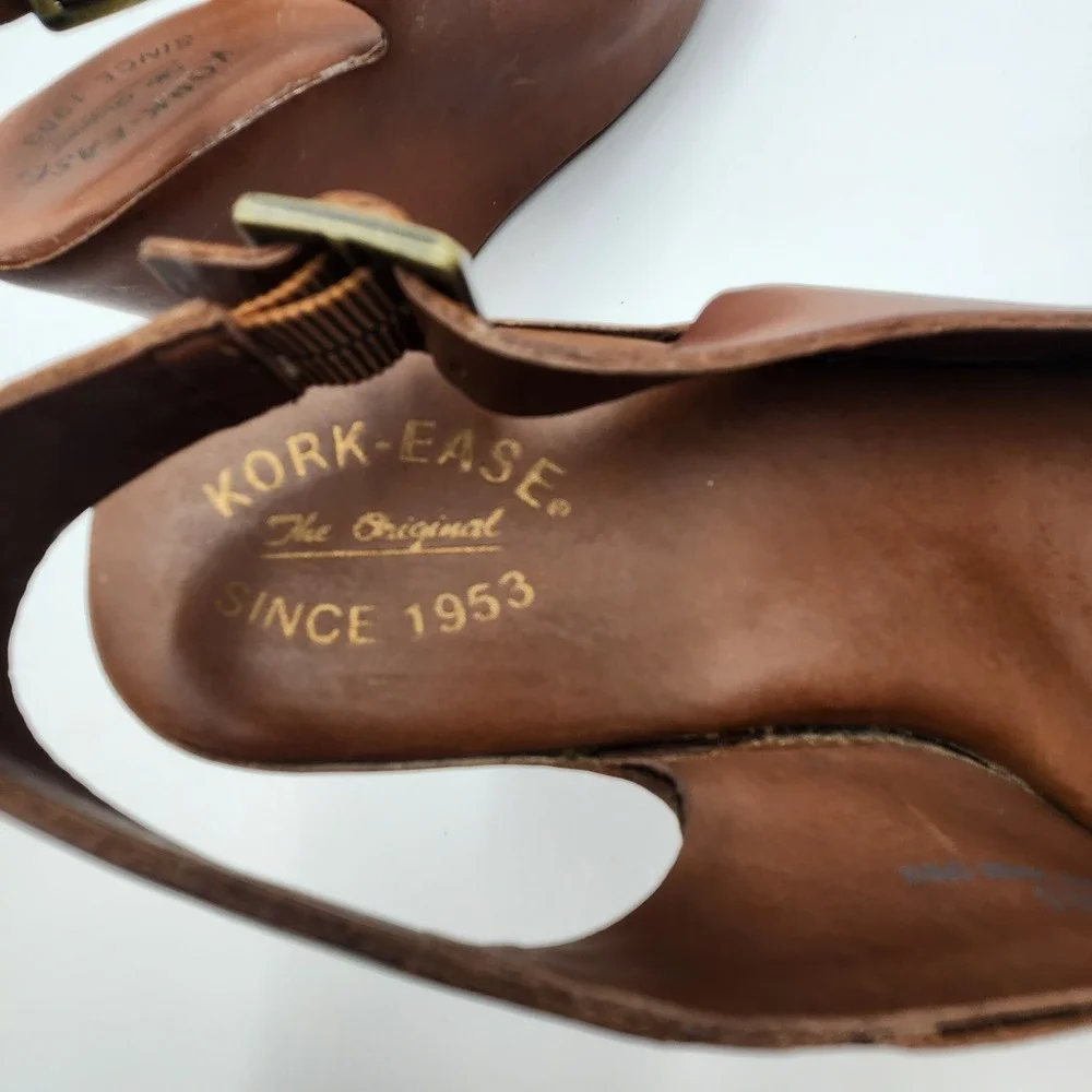 Kork-Ease Bette Tan Leather Platform Wedge Sandals Slingback Peep Toe Brown 9